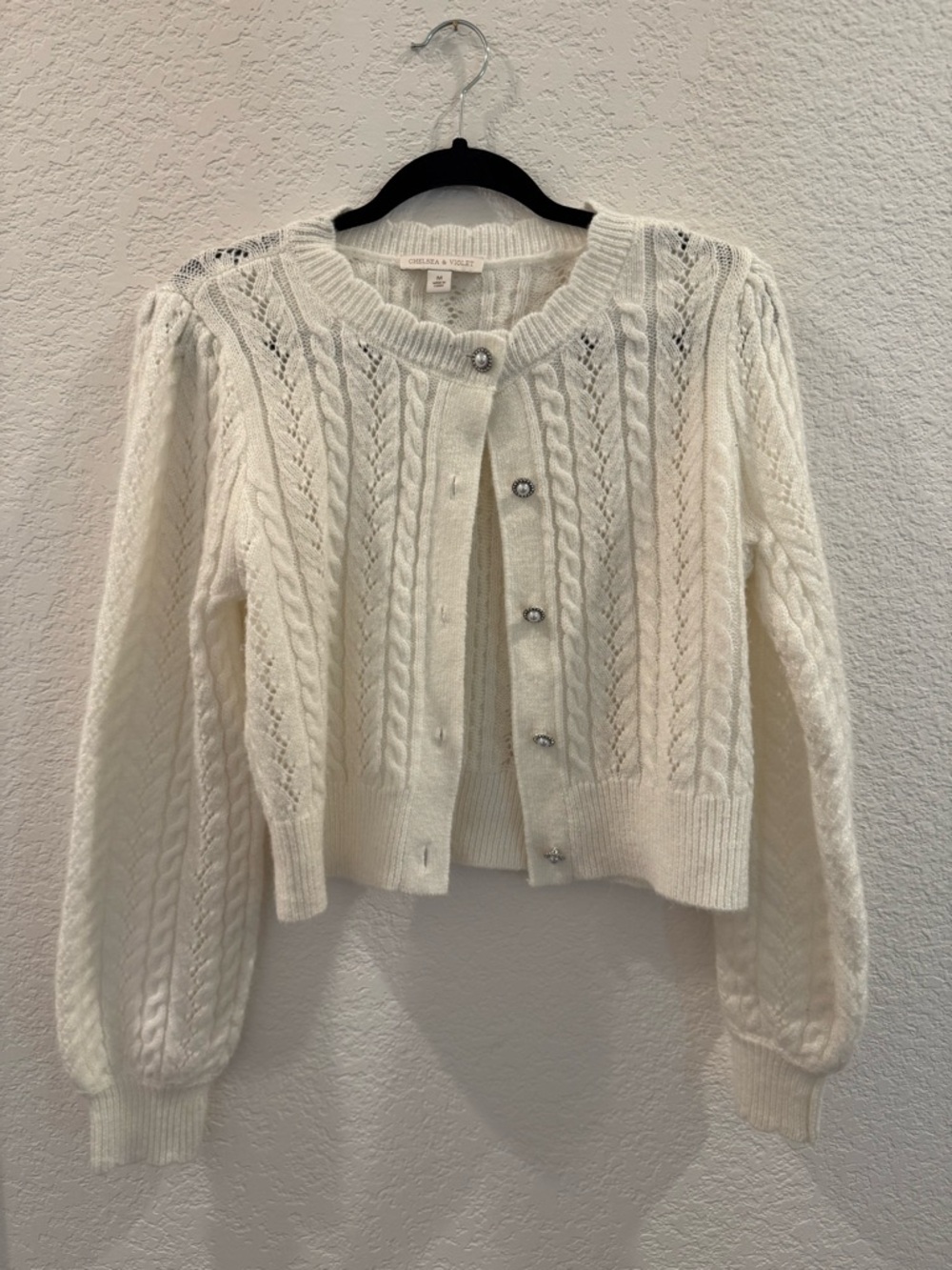 Chelsea & Violet Cream Cable-Knit Cropped Cardigan with Decorative Buttons